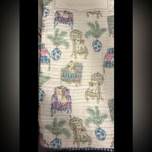 Envogue Whimsical Cat & Chair Printed Muslin Blanket - Pastel Palette